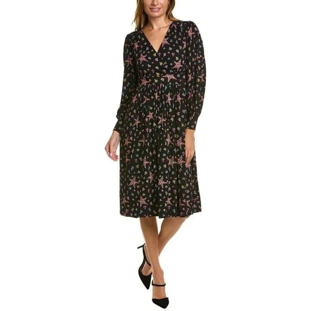 Boden Womens Fixed Wrap Dress UK 12 US 8 Black Star Print Puff Sleeve D0324 NWT